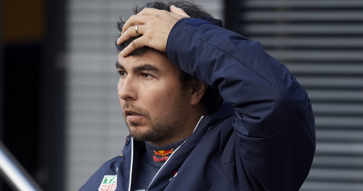 Sergio Perez with his hand on his head. Barcelona February 2022