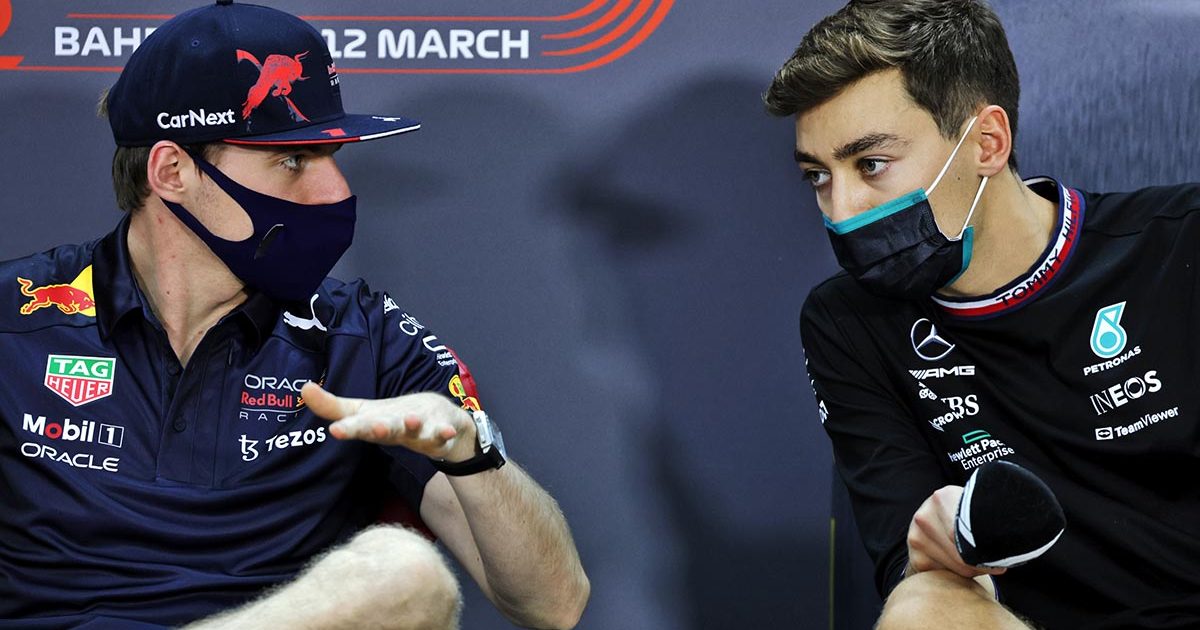 Max Verstappen and George Russell in discussion. Bahrain March 2022