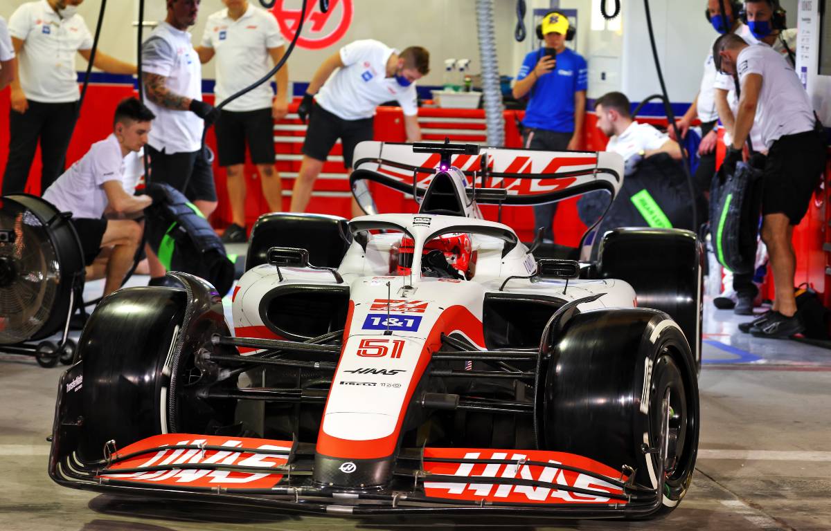Pietro Fittipaldi drives out of the Haas garage. Bahrain March 2022.