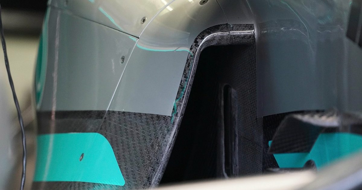 A close-up of the Mercedes W13 sidepod. Bahrain, March 2022.
