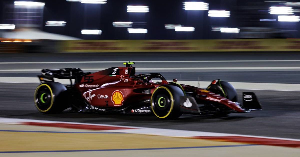 Carlos Sainz's Ferrari under the lights during testing. Bahrain March 2022.