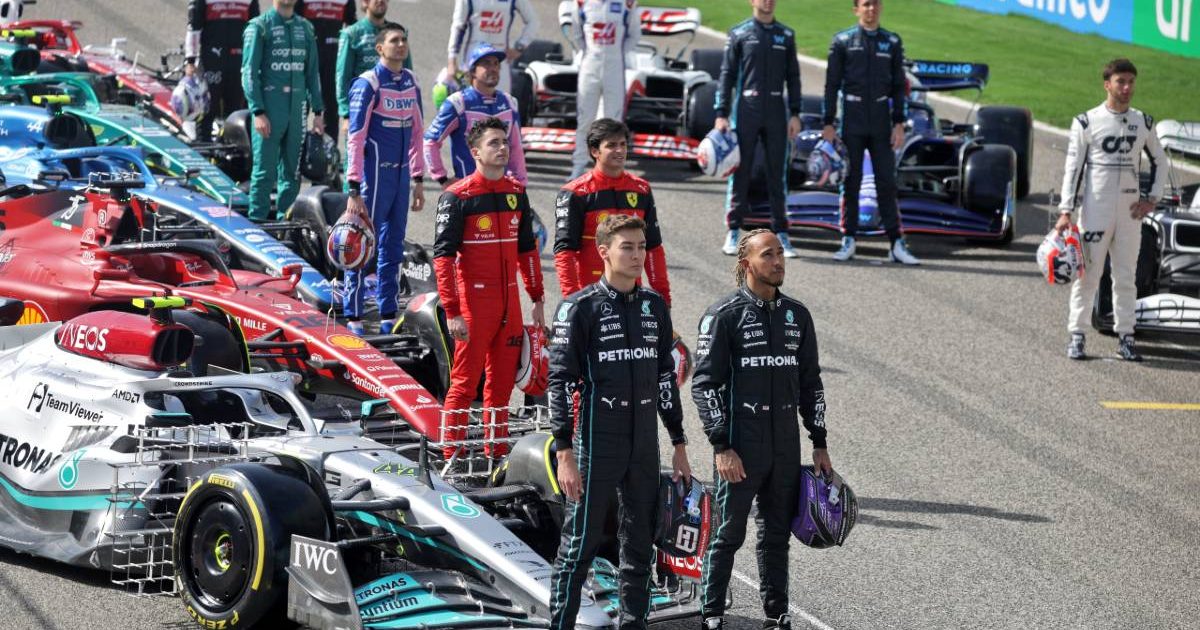 Formula 1's 2022 drivers stand by their cars. Bahrain March 2022.