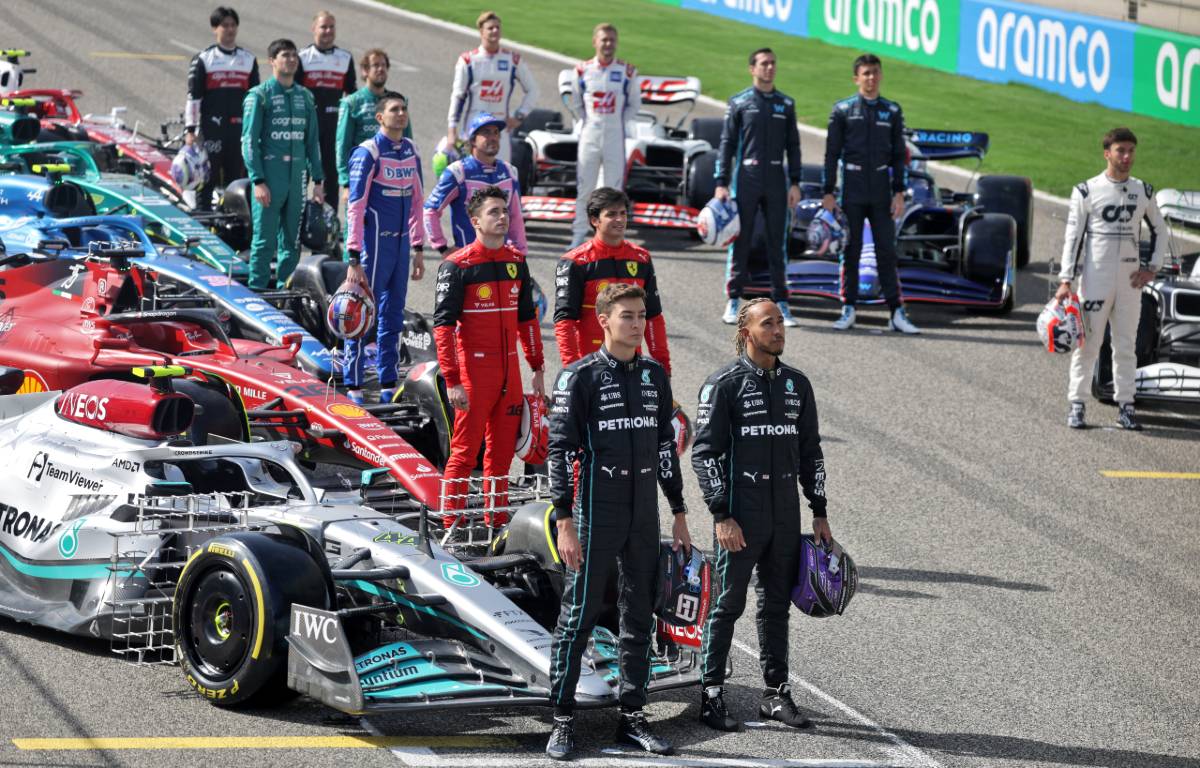 Formula 1's 2022 drivers stand by their cars. Bahrain March 2022.
