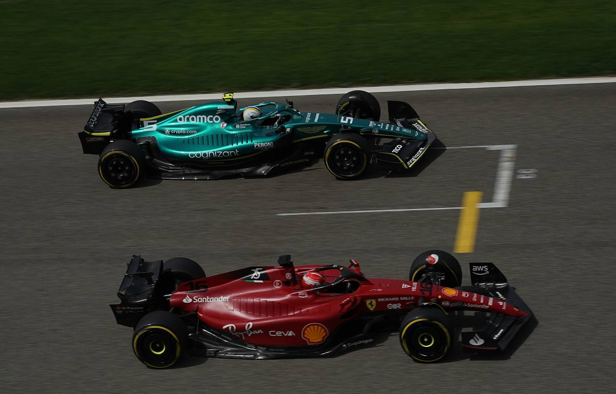 Sebastian Vettel aongside Charles Leclerc during pre-season testing. Bahrain March 2022.