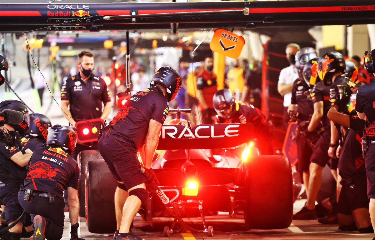 Rear view of pit stop for Red Bull's Max Verstappen. Bahrain March 2022.