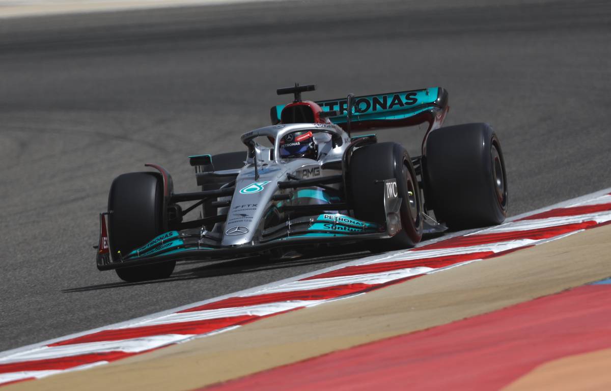 George Russell in the Mercedes W13 during testing. Bahrain March 2022.