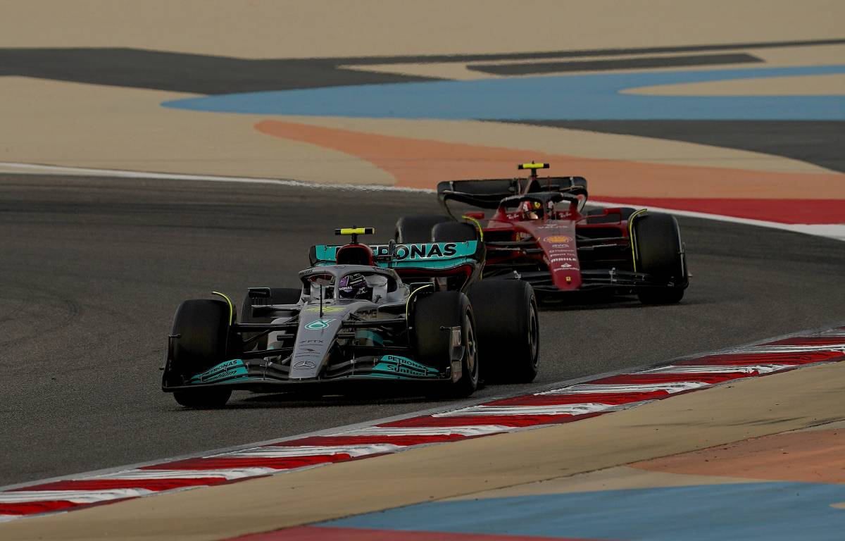 Lewis Hamilton ahead of Charles Leclerc in testing. Bahrain March 2022.