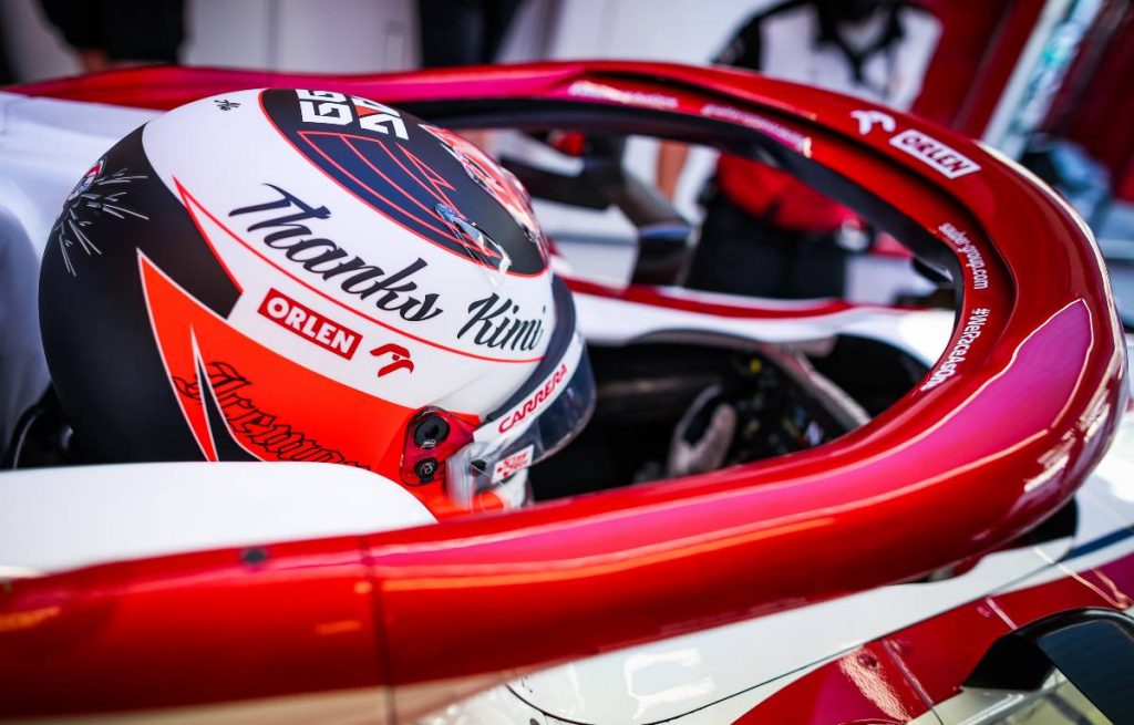 Antonio Giovinazzi's helmet paying tribute to Kimi Raikkonen. Abu Dhabi December 2021.