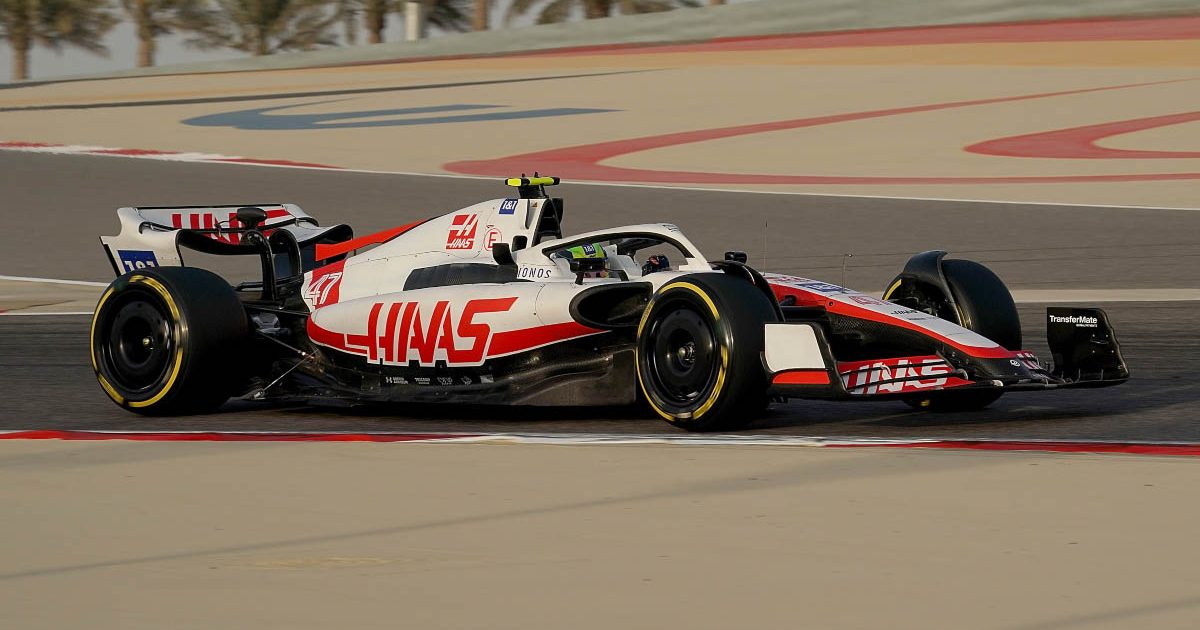 Haas driver Mick Schumacher runs in testing. Bahrain March 2022.