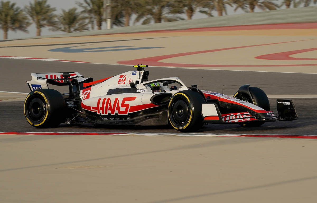 Haas driver Mick Schumacher runs in testing. Bahrain March 2022.