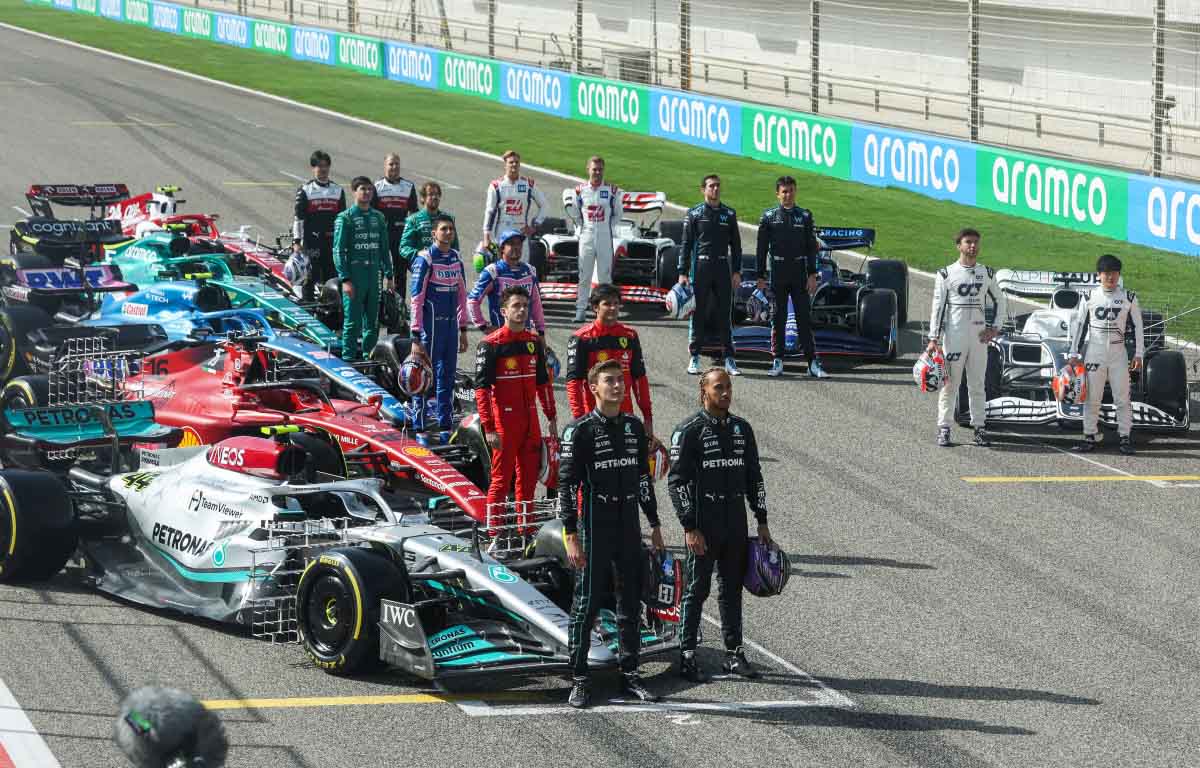 Formula 1 drivers all stood on the grid. Bahrain March 2022.