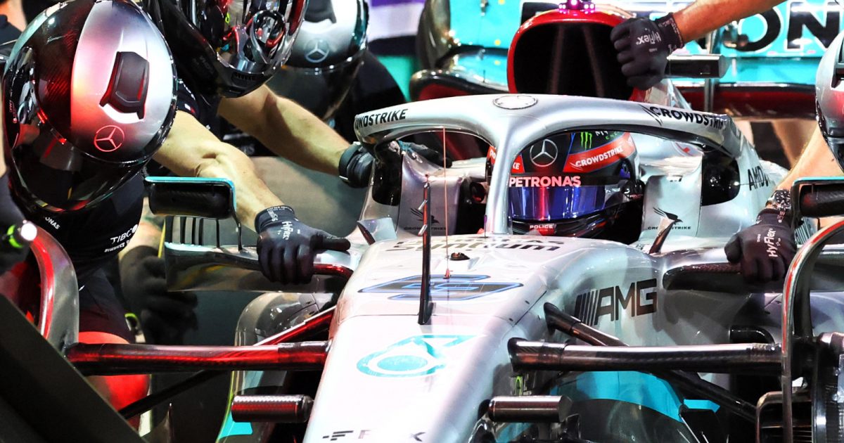 George Russell practices a pit stop at Mercedes. Bahrain March 2022