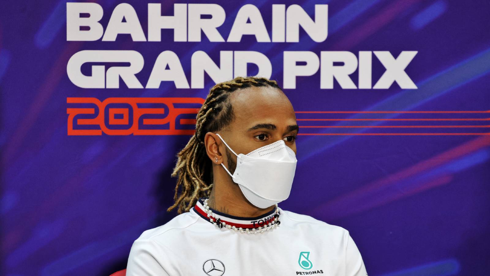 Lewis Hamilton at a press conference in Bahrain. Sakhir March 2022.