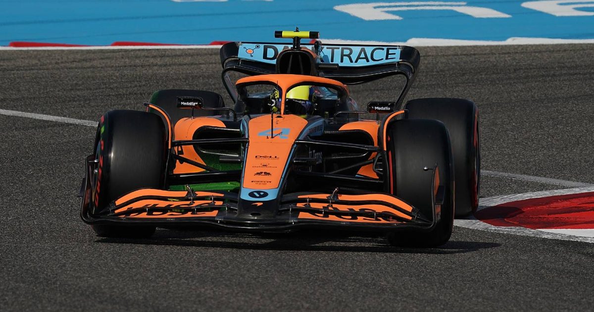 Lando Norris, McLaren, taking a corner. Bahrain, March 2022.