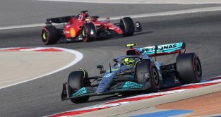 Charles Leclerc follows Lewis Hamilton. Bahrain, March 2022.