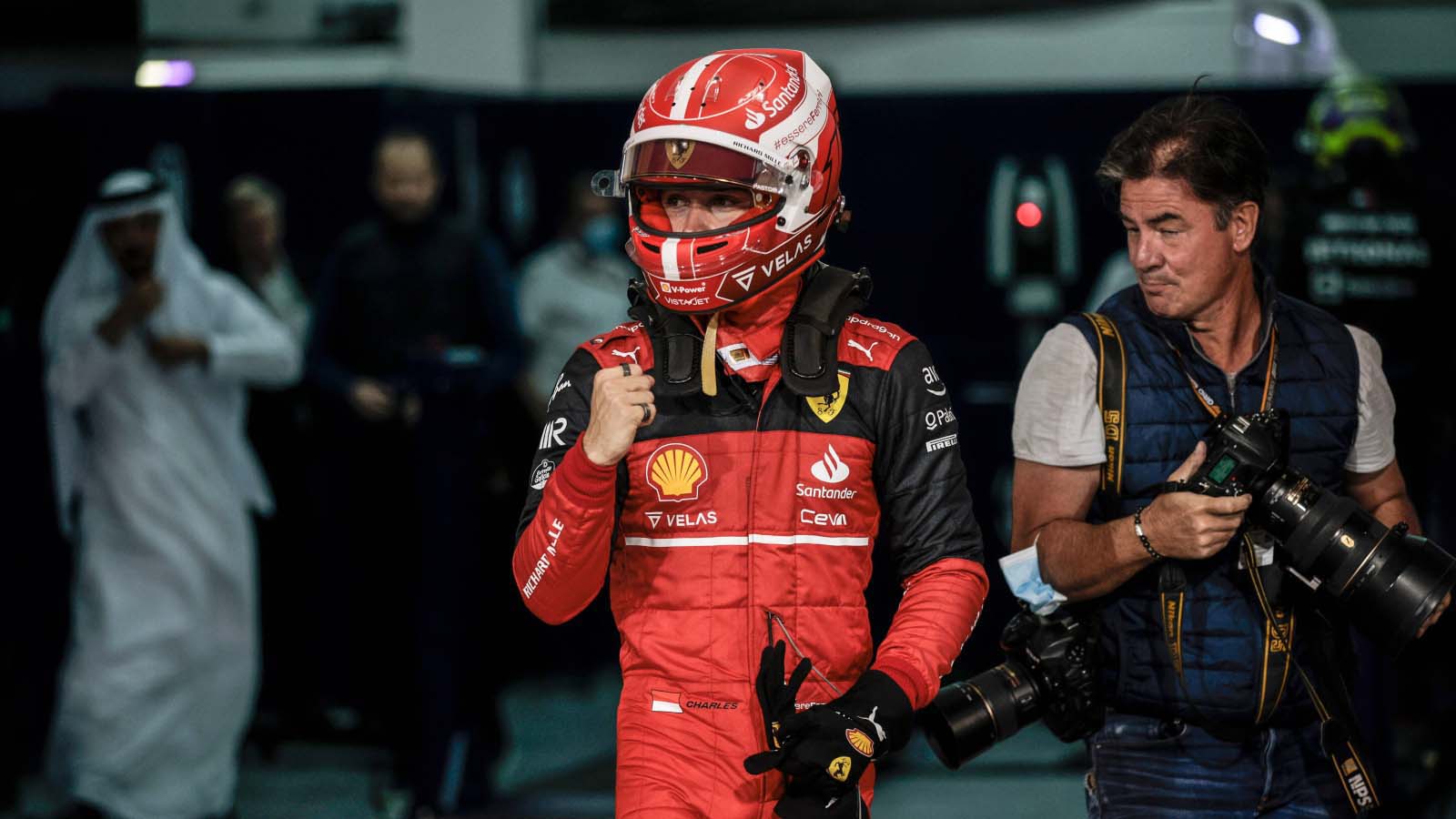 Ferrari driver Charles Leclerc celebrates taking pole. Bahrain March 2022.