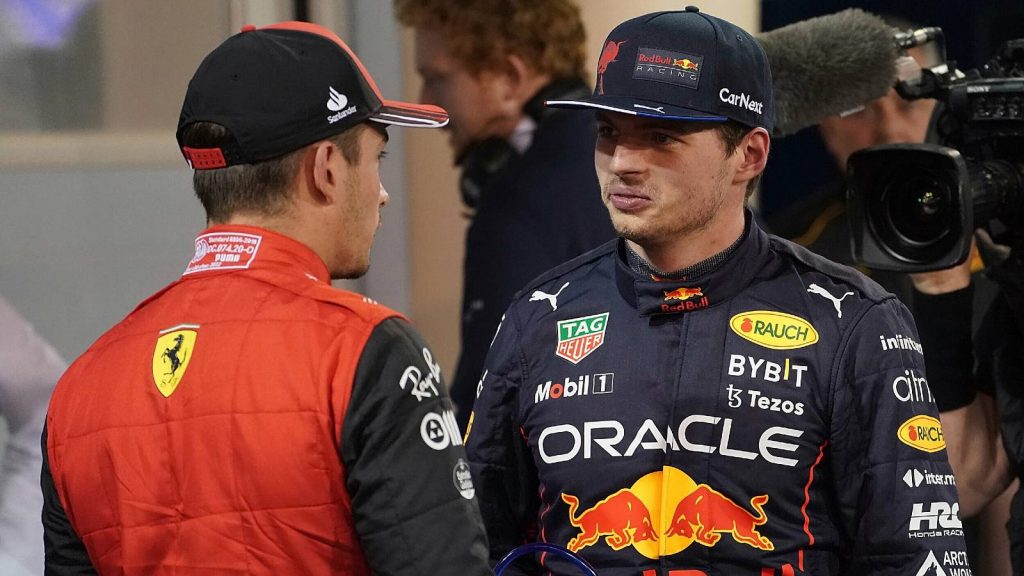 Charles Leclerc and Max Verstappen talk post-qualifying. Bahrain, March 2022.