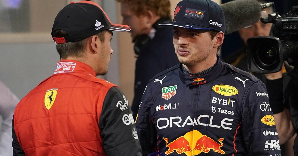 Charles Leclerc and Max Verstappen talk post-qualifying. Bahrain, March 2022.
