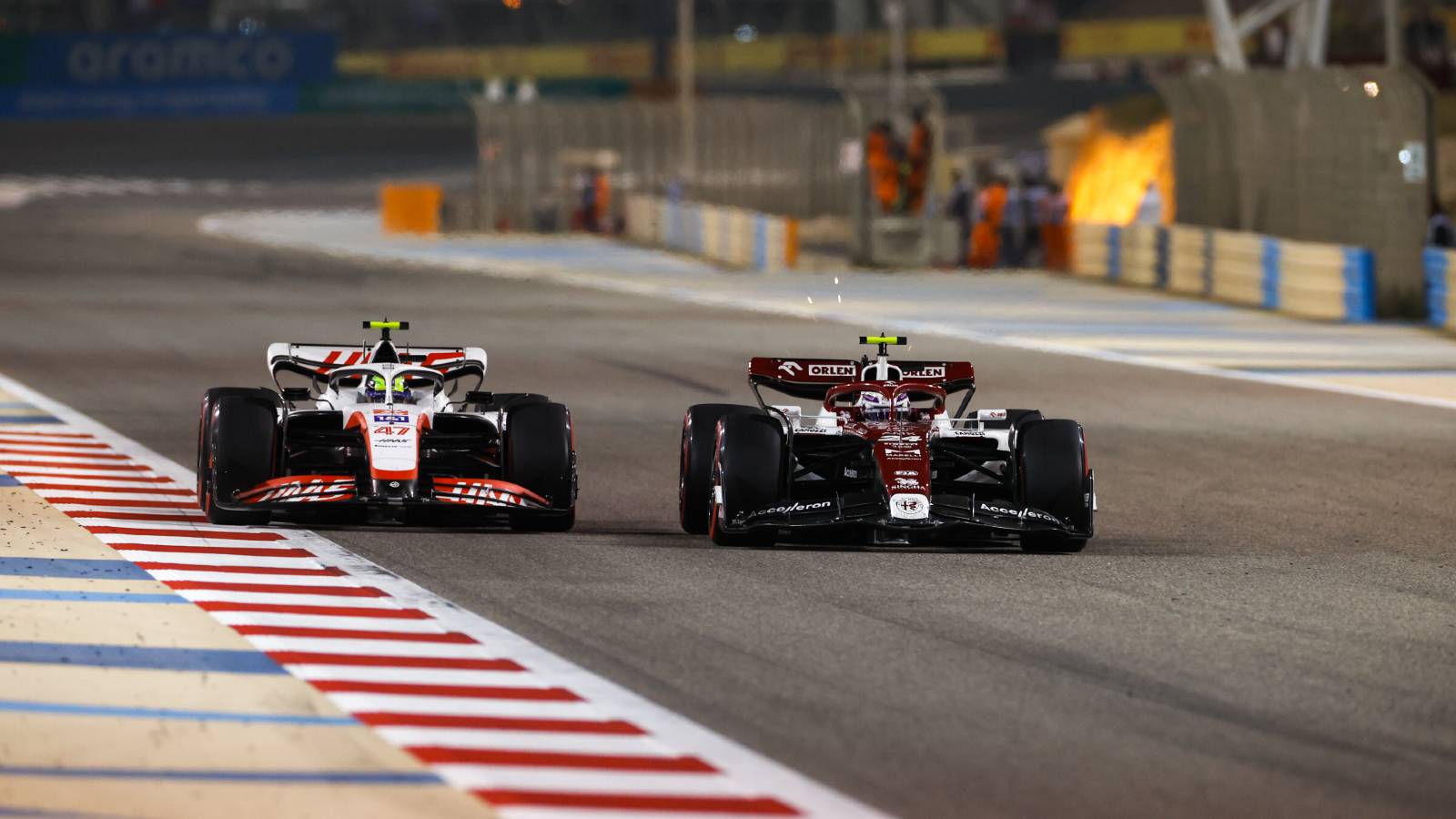 Guanyu Zhou alongside Mick Schumacher. Bahrain March 2022.
