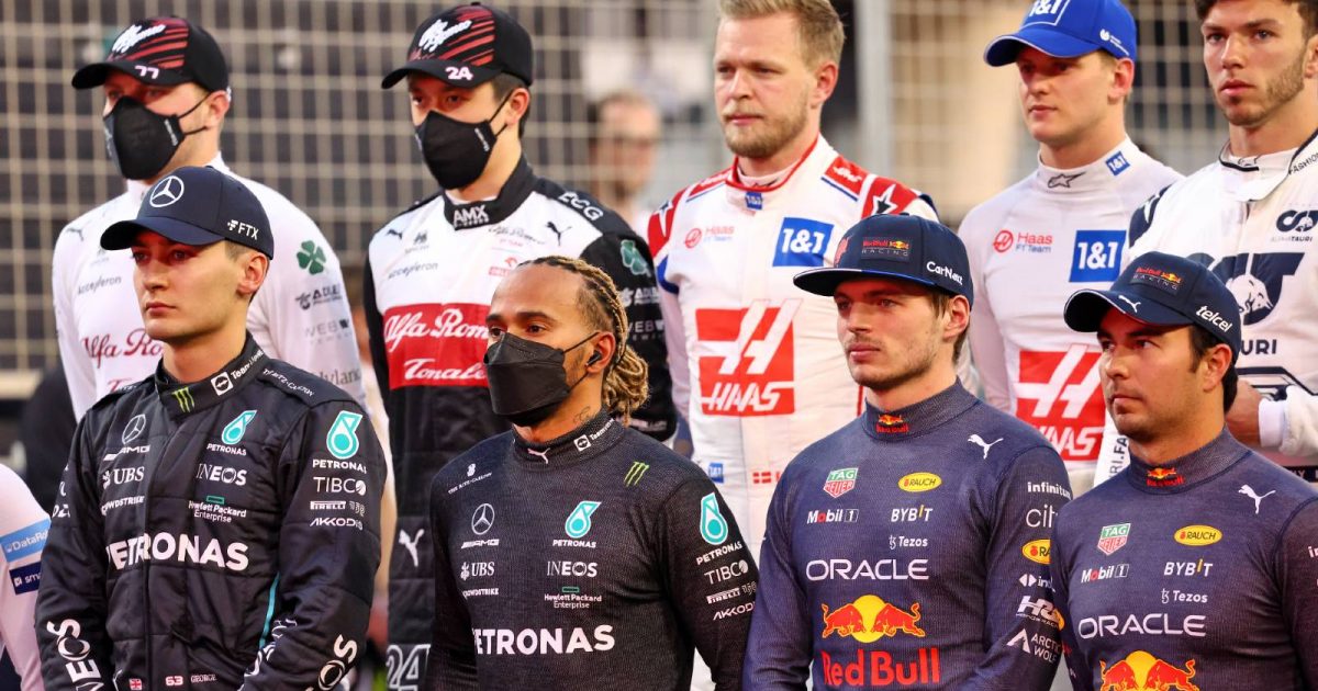 Formula 1 drivers line up for a charity photoshoot. Bahrain March 2022.