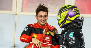 Lewis Hamilton congratulates Charles Leclerc. Bahrain March 2022
