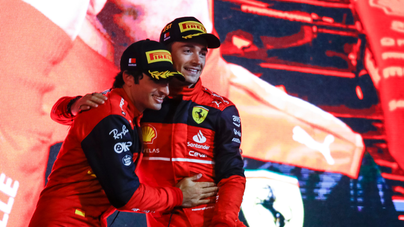 Ferrari drivers Carlos Sainz and Charles Leclerc celebrate. Bahrain March 2022