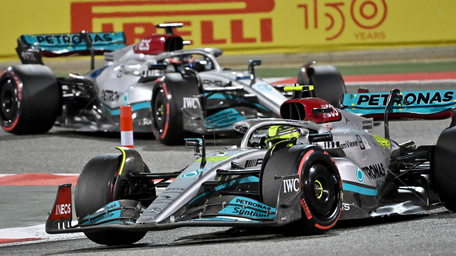 Lewis Hamilton leads George Russell. Bahrain March 2022