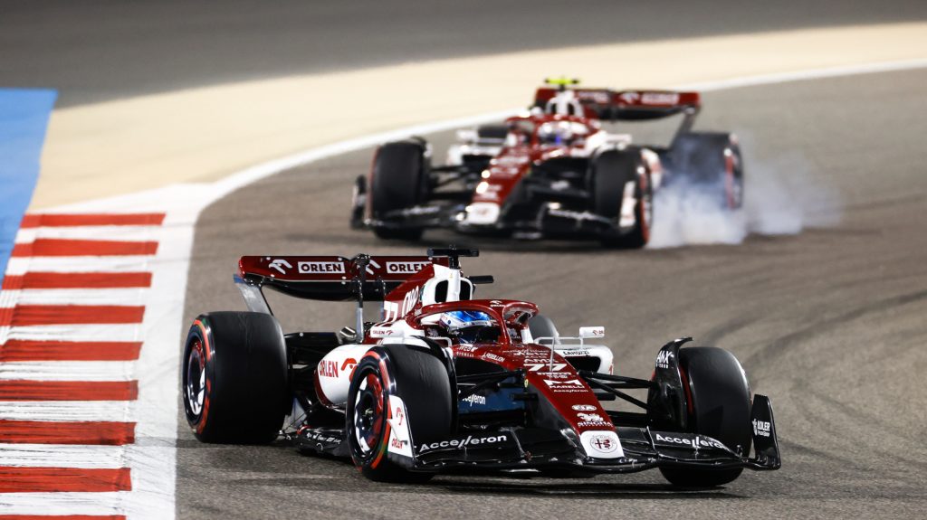 Alfa Romeo team-mates Valtteri Bottas leads Guanyu Zhou. Bahrain March 2022