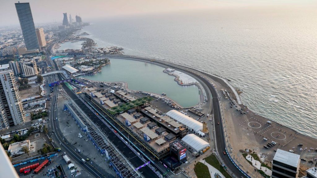Overhead view of the Saudi Arabian GP circuit. Jeddah December 2021.