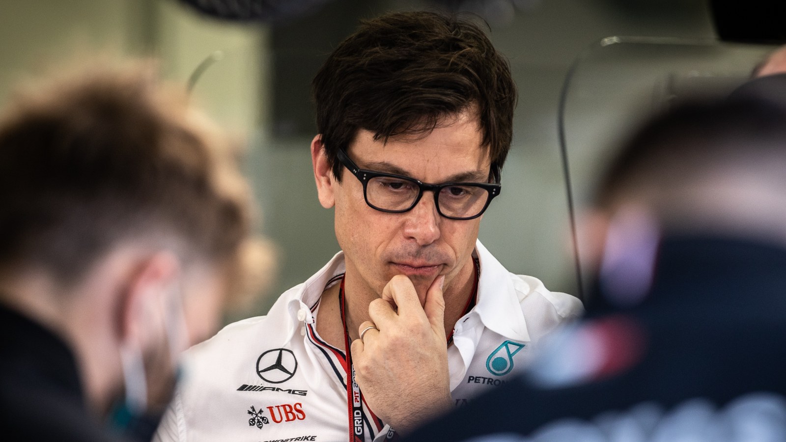Toto Wolff ponders in the Mercedes garage. Bahrain March 2022