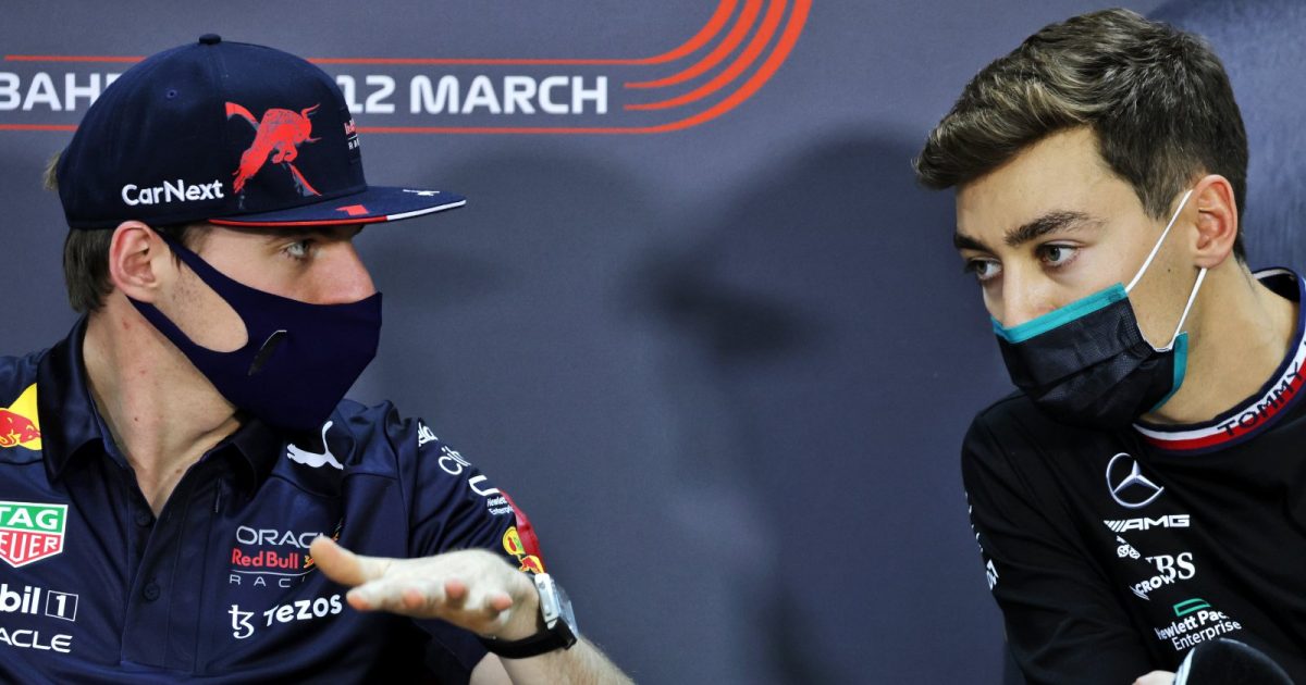 Max Verstappen gestures to George Russell during the Bahrain testing press conference. Bahrain March 2022