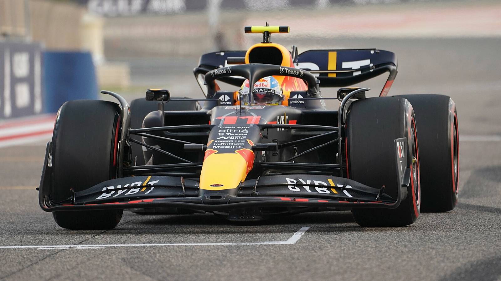 Sergio Perez, Red Bull pictured on the straight. Bahrain, March 2022.