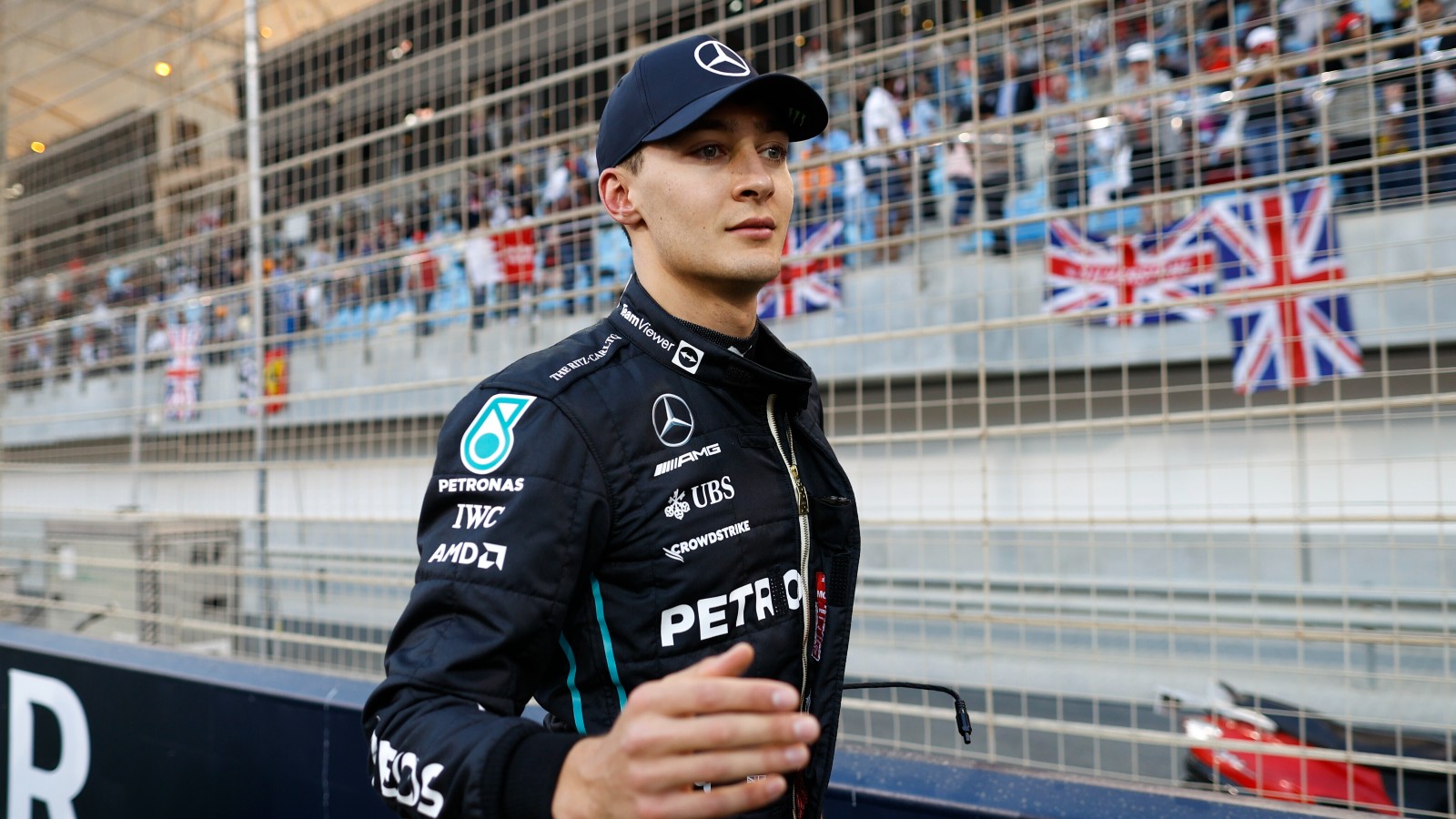 George Russell, Mercedes, on the grid in Bahrain. March 2022.