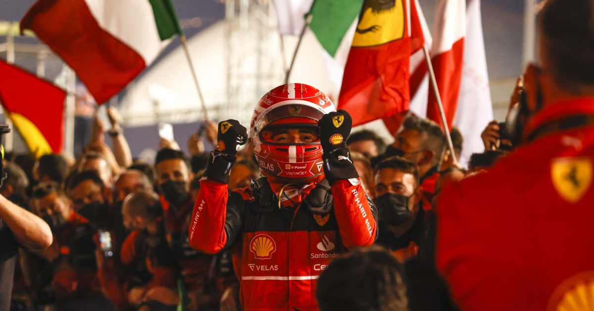 Charles Leclerc, Ferrari, celebrates victory. Bahrain, March 2022.
