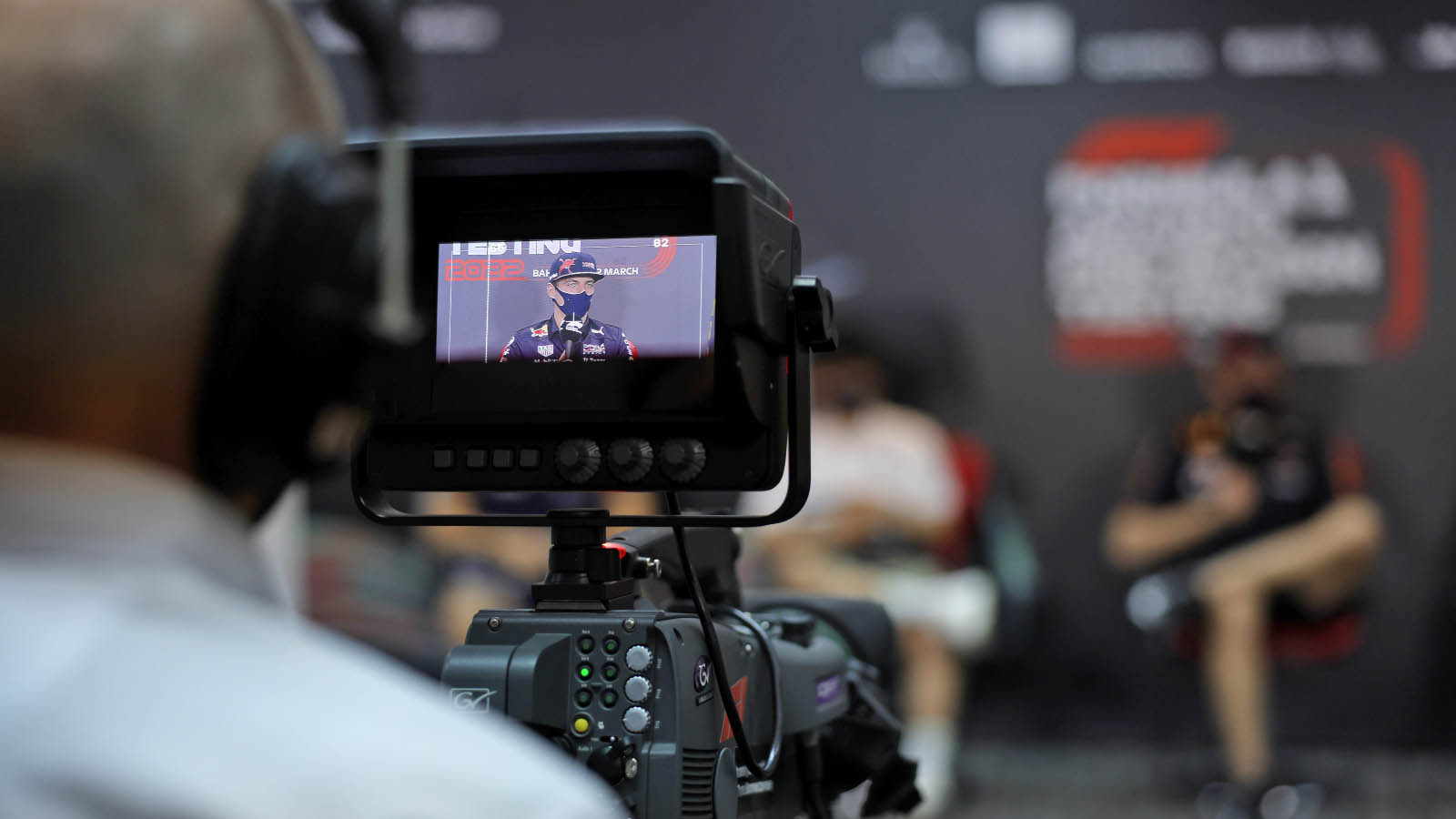 Netflix camera films a press conference. Bahrain March 2022.
