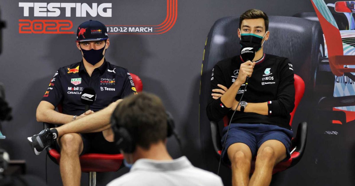 Max Verstappen alongside George Russell. Bahrain March 2022.