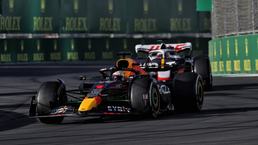 Max Verstappen leads a Haas. Saudi Arabia March 2022