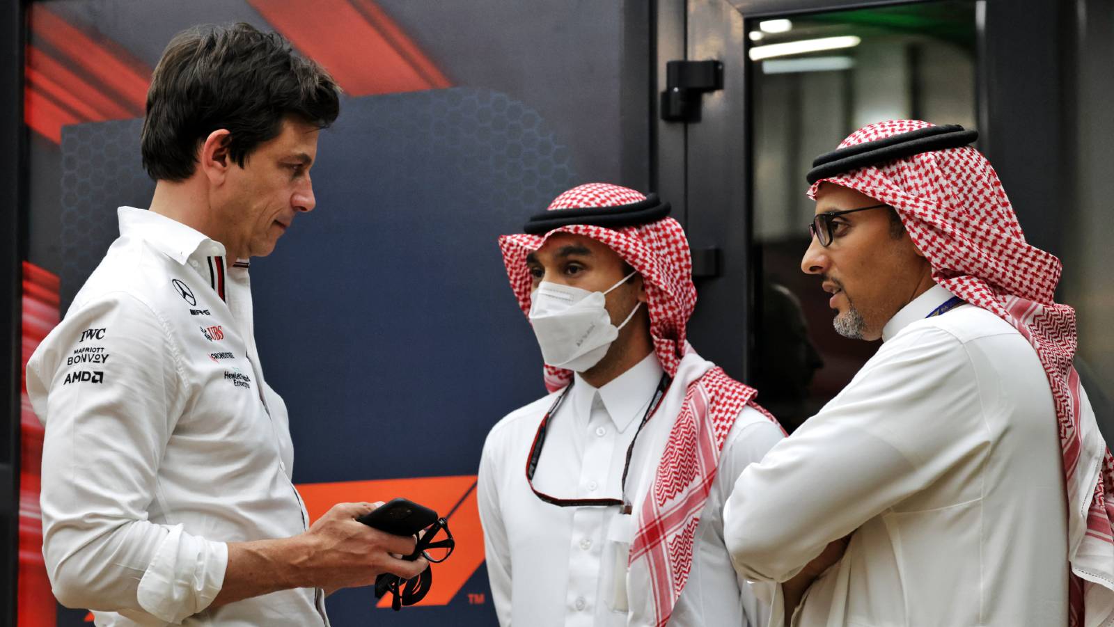 Toto Wolff talks to Saudi Arabian GP officials. Jeddah March 2022.