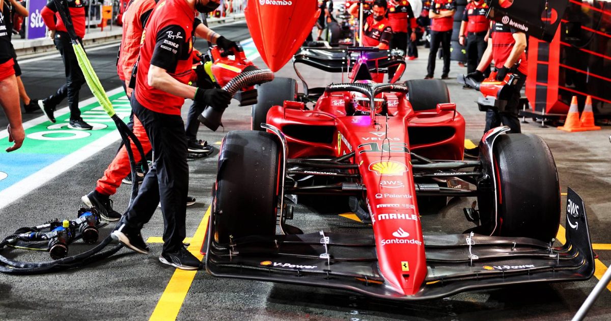 Charles Leclerc, Ferrari, pulls into the pit box. Saudi Arabia March 2022.