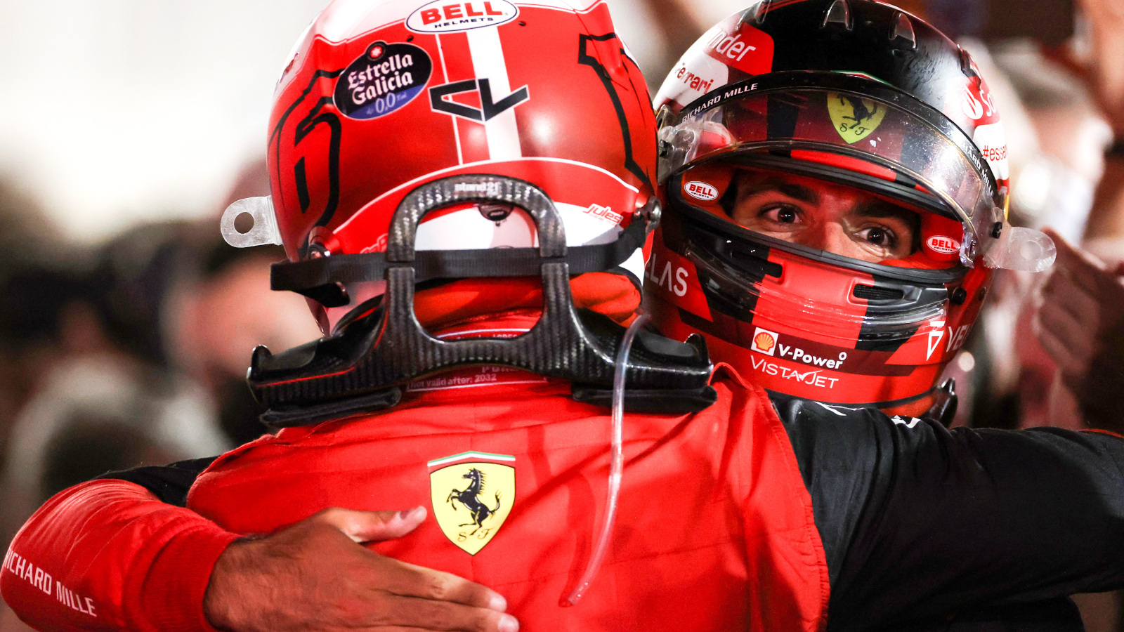 Carlos Sainz and Charles Leclerc hug. Bahrain March 2022