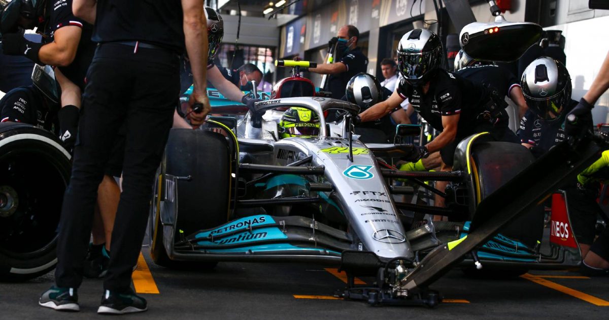 Lewis Hamilton's Mercedes in the pit box. Jeddah March 2022.