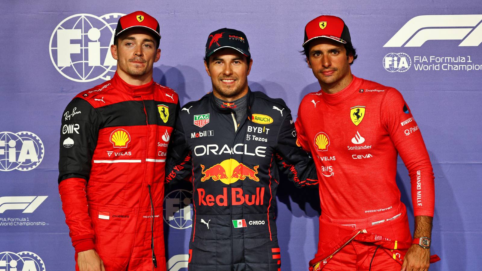 Charles Leclerc, Sergio Perez and Carlos Sainz after Saudi Arabian GP qualifying. Jeddah March 2022.