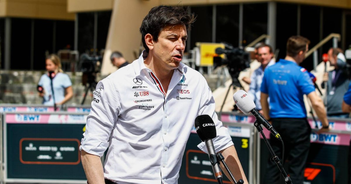 Toto Wolff being interviewed in the media pen. Sakhir March 2022.