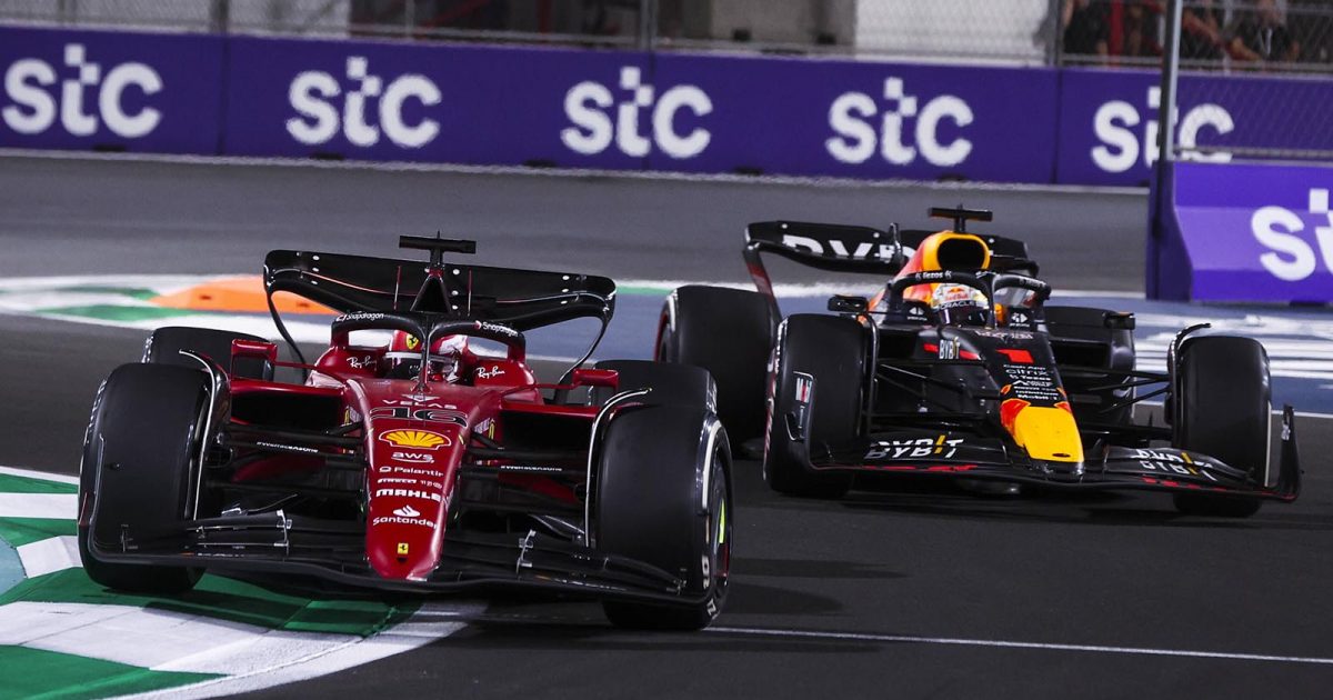 Charles Leclerc and Max Verstappen battle in Saudi. Jeddah March 2022