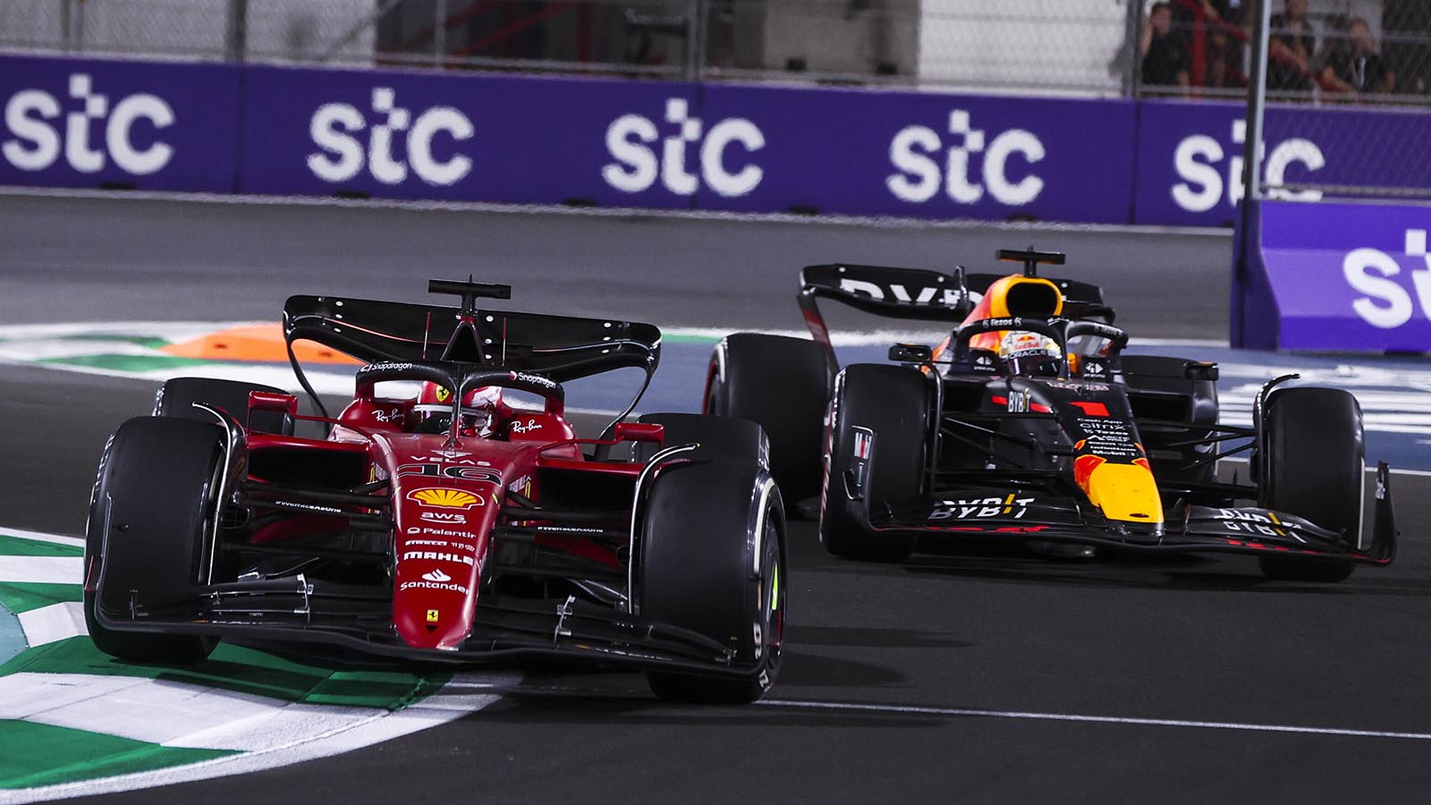 Charles Leclerc and Max Verstappen battle in Saudi. Jeddah March 2022