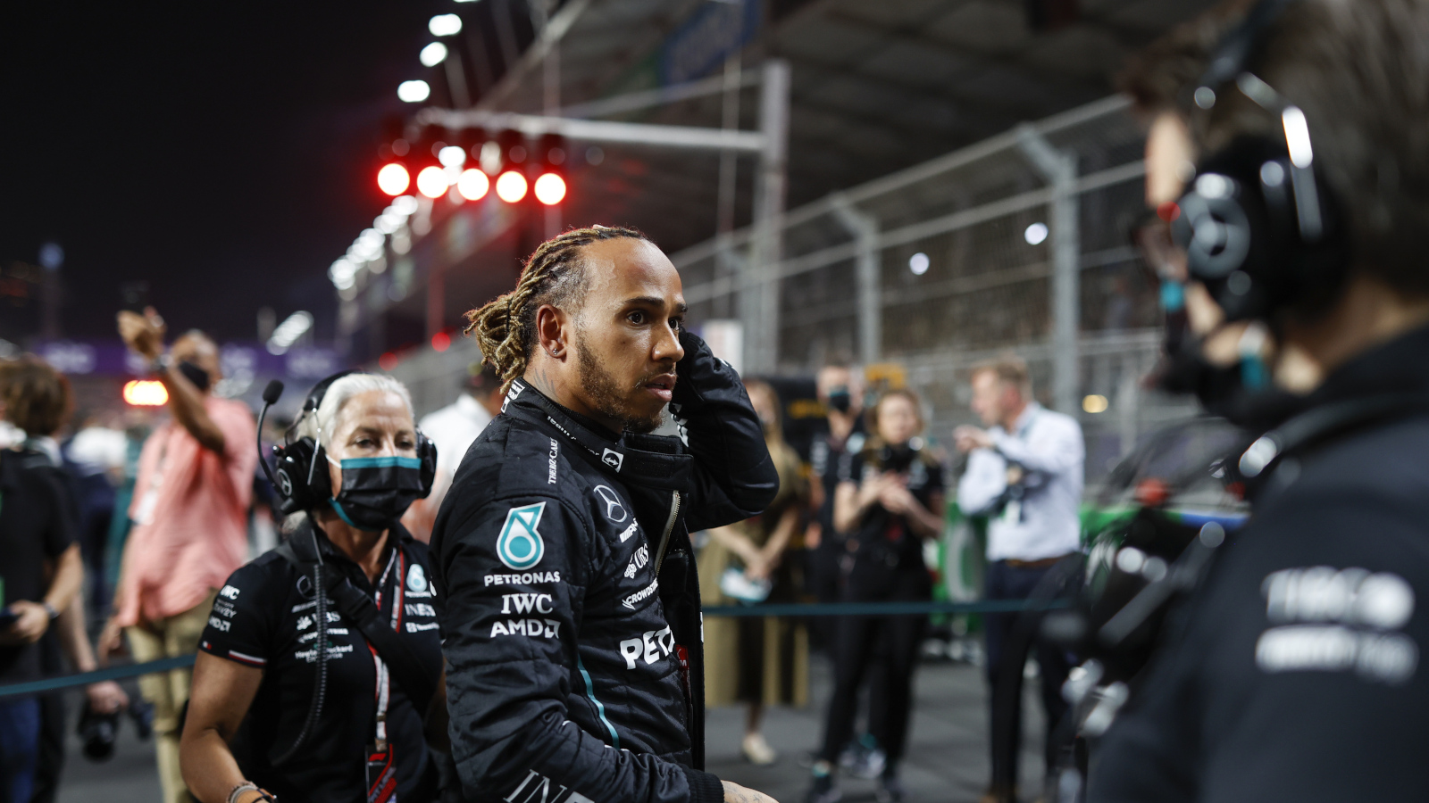 Lewis Hamilton looking concerned. Saudi Arabia March 2022