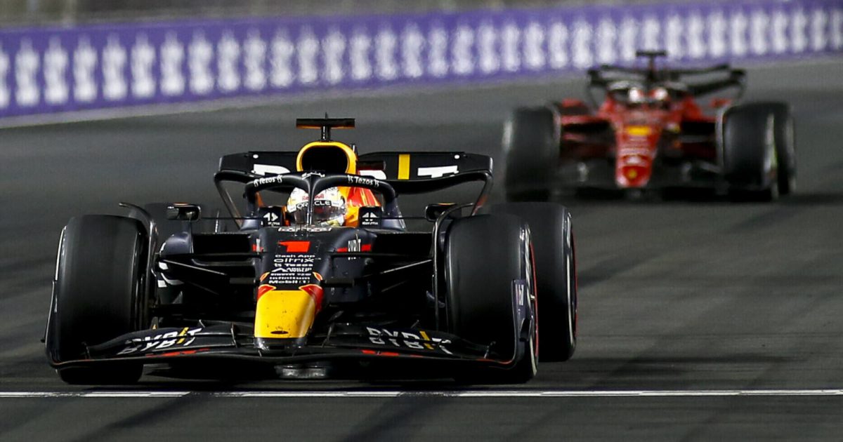 Max Verstappen chased by Charles Leclerc. Saudi Arabia March 2022
