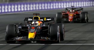 Max Verstappen chased by Charles Leclerc. FIA F1 Saudi Arabia March 2022