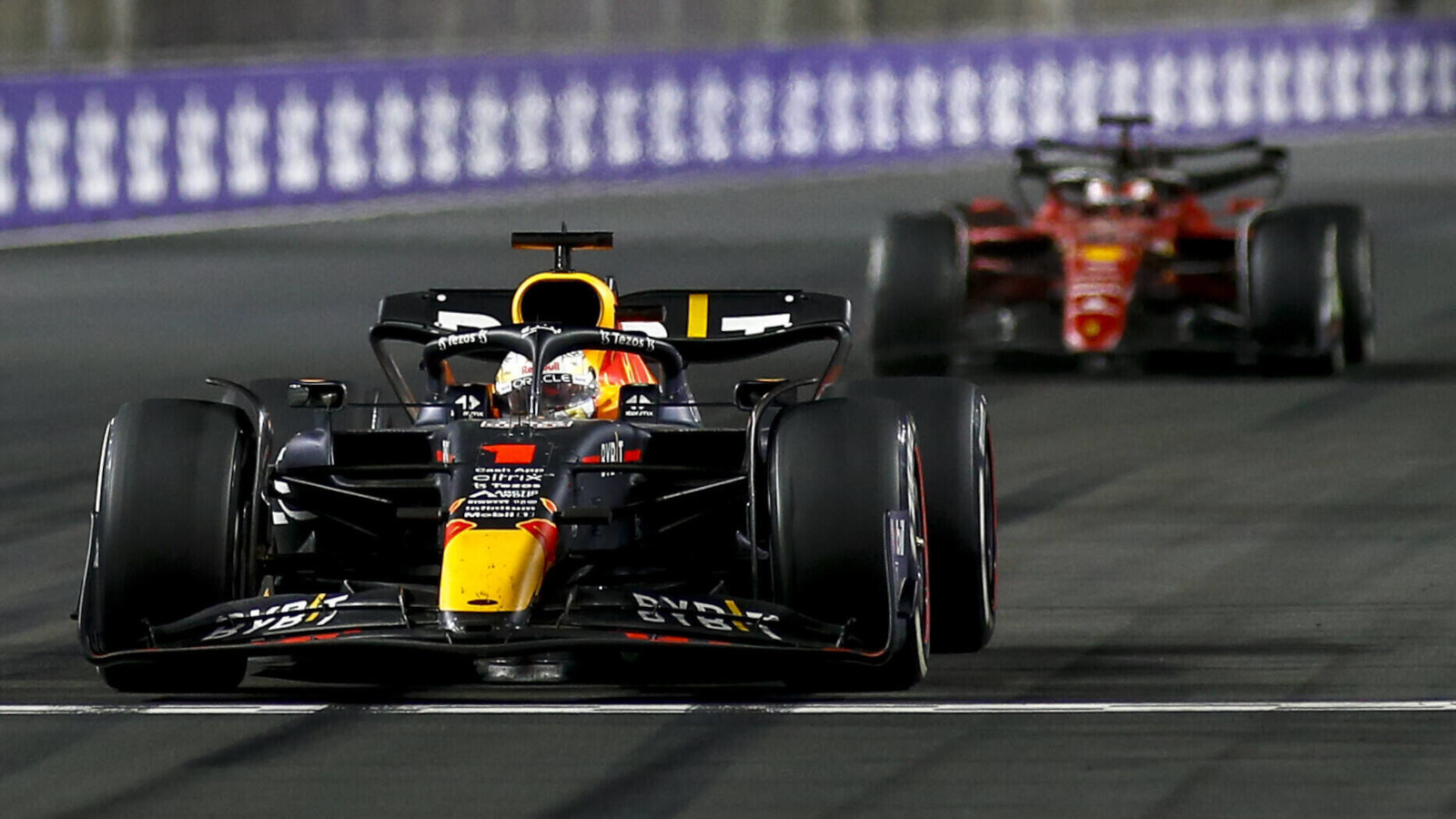 Max Verstappen chased by Charles Leclerc. FIA F1 Saudi Arabia March 2022
