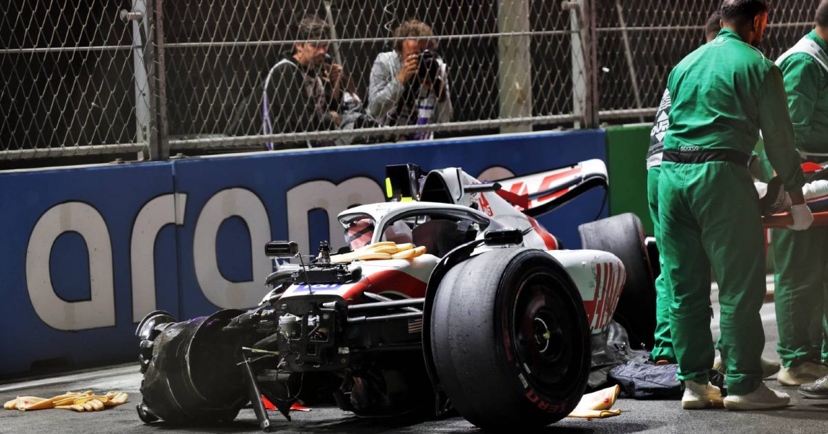 Mick Schumacher's crumpled Haas. Jeddah March 2022.